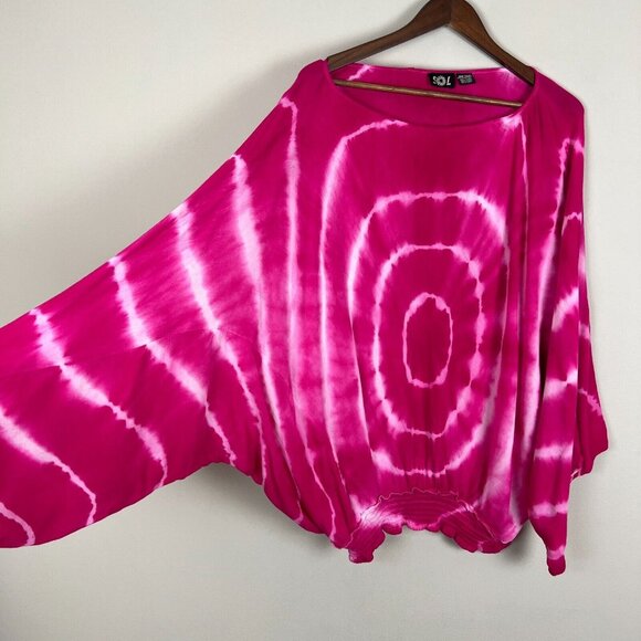 SOL Top Women OS Pink Tie-Dye Boho Hippie Long Wide Sleeve Smocked One Size Fits - Picture 1 of 11